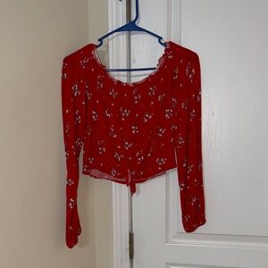 Floral Red Women's crop front tie Top
